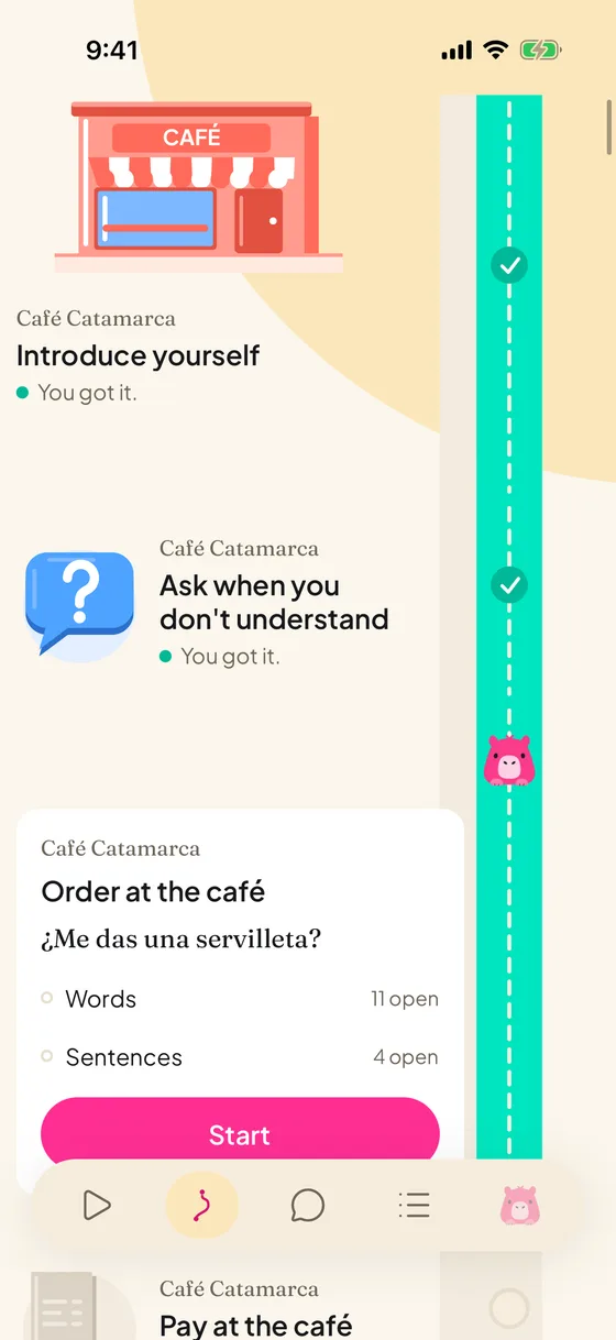 Carpincho route: the café, “Introduce yourself” and “Ask when you don't understand” done in colour, the current place “Order at the café” open with its words and sentences