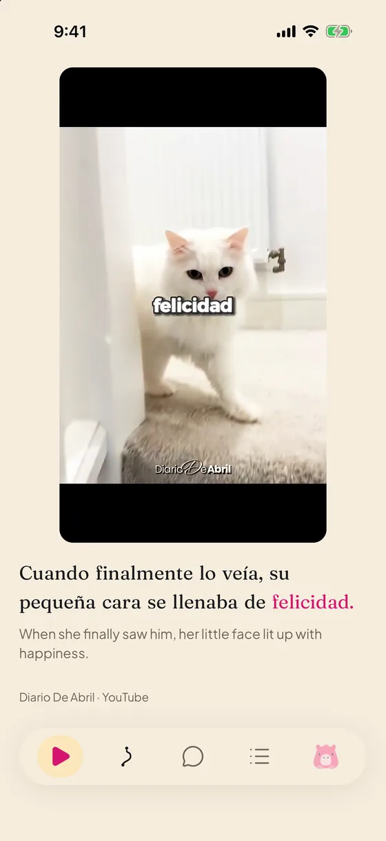 Carpincho feed: a white cat looks into the camera, subtitle “Cuando finalmente lo veía, su pequeña cara se llenaba de felicidad.” with the English translation below