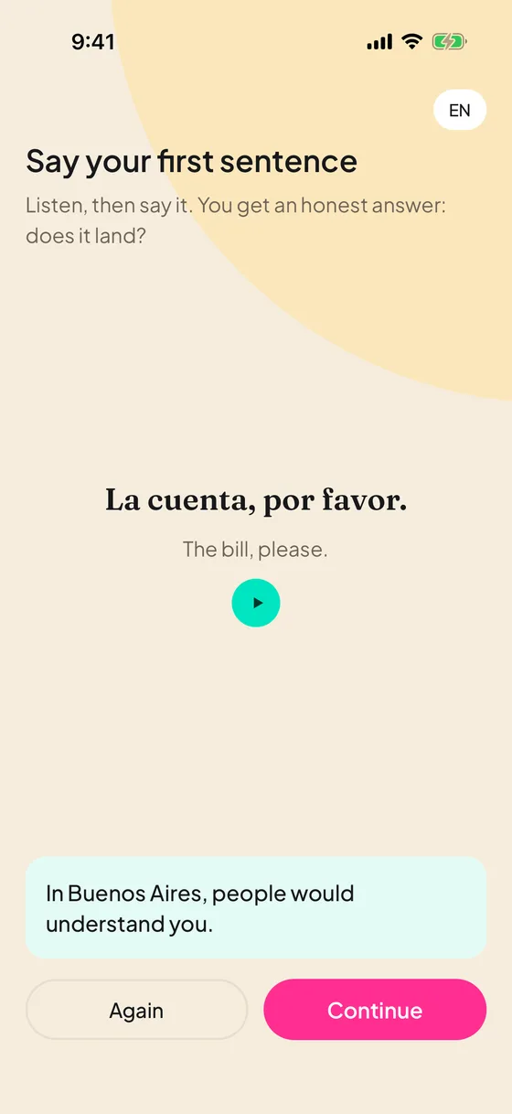 Speaking exercise “Say your first sentence”: La cuenta, por favor. Result: In Buenos Aires, people would understand you.